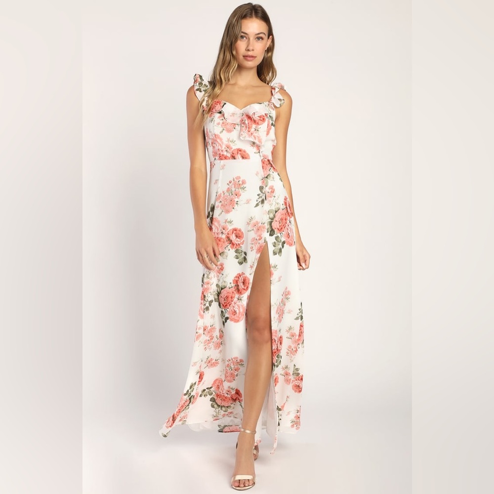 Lulus Radiant Evening White Floral Print Ruffled Sleeveless Maxi Dress